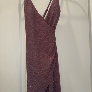 plum glitter wrap mini dress spaghetti strap